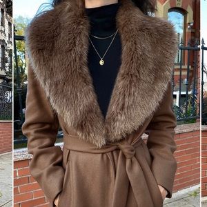 Aritzia wool wrap coat with faux fur trim